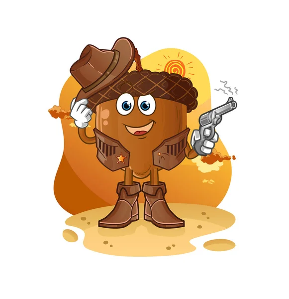 Acorn Head Cartoon Cowboy Gun Character Vector — Vector de stock