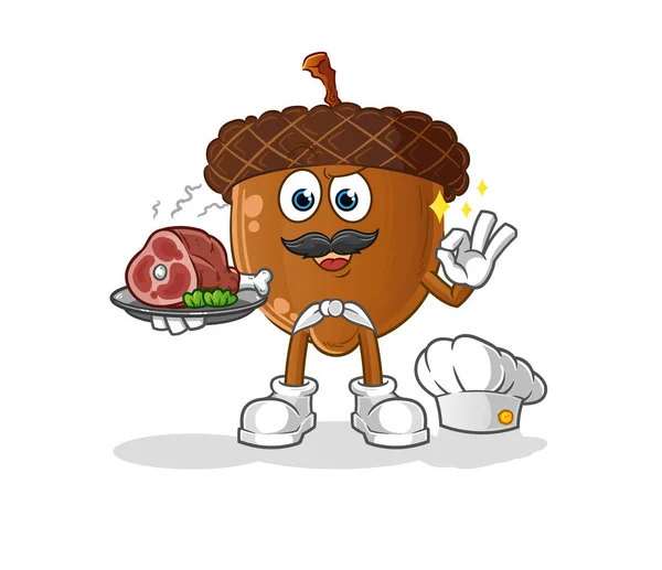 Eikel Hoofd Cartoon Chef Kok Met Vlees Mascotte Cartoon Vector — Stockvector