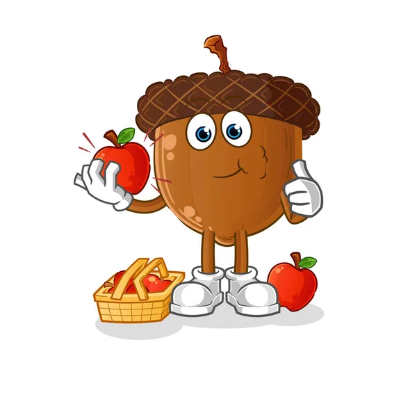 Acorn Head Cartoon Eating Apple Illustration Character Vector — Stockový vektor
