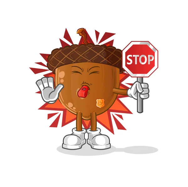 Acorn Head Cartoon Holding Stop Sign Cartoon Mascot Vector — Stockový vektor