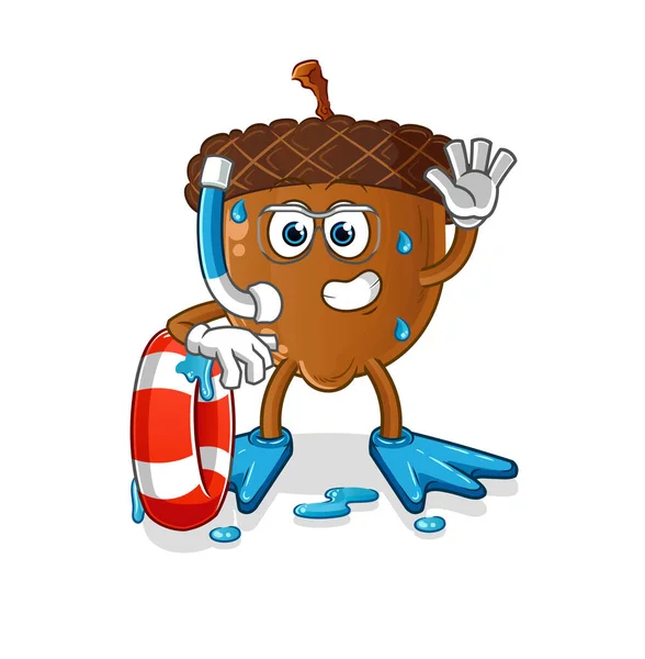 Acorn Head Cartoon Swimmer Buoy Mascot Cartoon Vector — Stockvektor