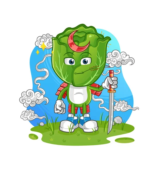 Cabbage Head Cartoon Samurai Cartoon Mascot Vector — Stockvector
