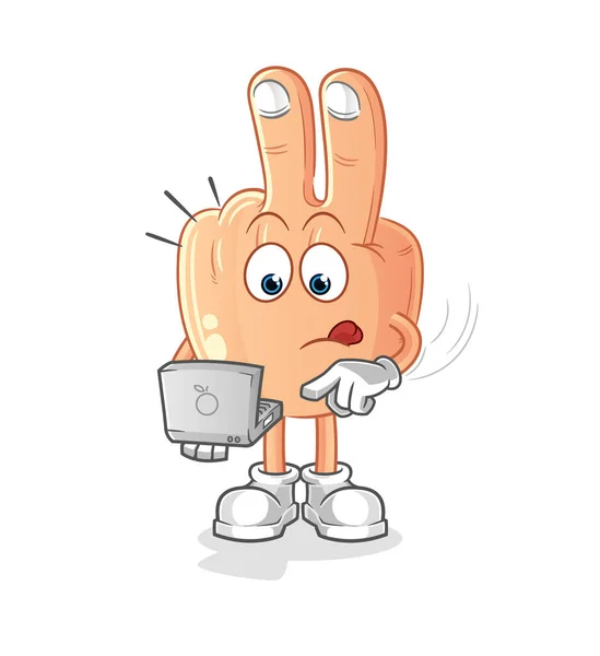Peace Finger Head Cartoon Laptop Mascot Cartoon Vector — Archivo Imágenes Vectoriales