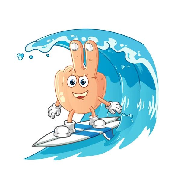 peace finger head cartoon surfing character. cartoon mascot vector