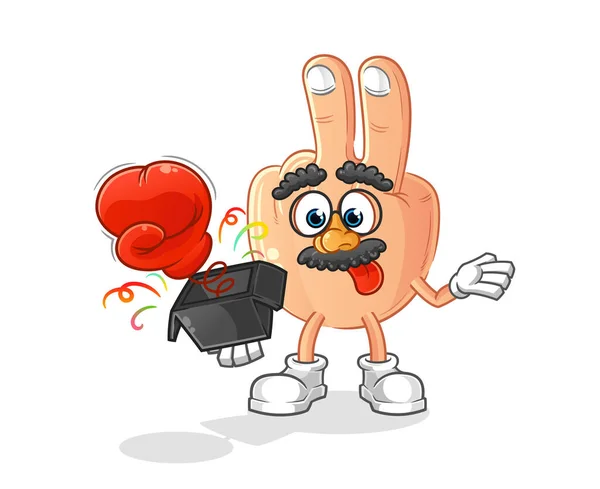 Peace Finger Head Cartoon Prank Glove Box Cartoon Mascot — Vector de stock