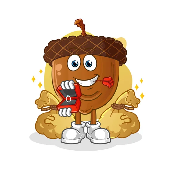 Acorn Head Cartoon Propose Ring Cartoon Mascot Vector — ストックベクタ