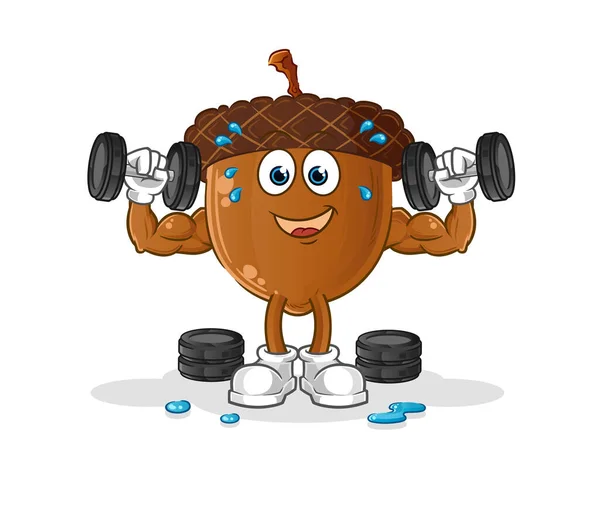 Acorn Head Cartoon Weight Training Illustration Character Vector — Vettoriale Stock