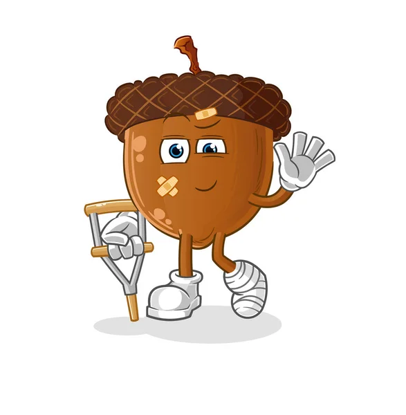 Acorn Head Cartoon Sick Limping Stick Cartoon Vector — Stok Vektör