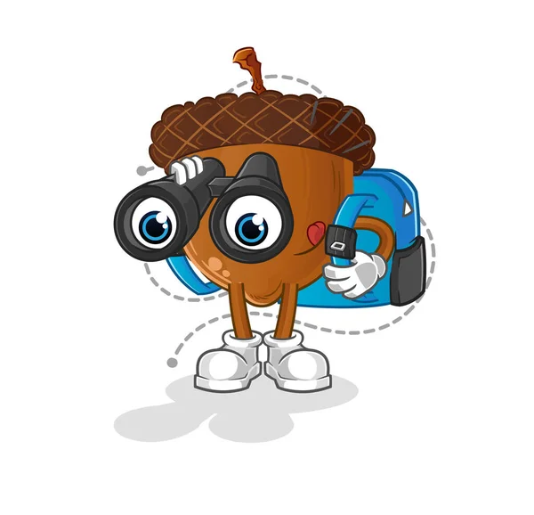 Acorn Head Cartoon Binoculars Character Cartoon Vector — Vetor de Stock