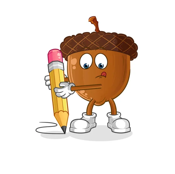 Acorn Head Cartoon Write Pencil Cartoon Mascot Vector — Stok Vektör