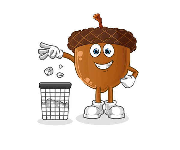Acorn Head Cartoon Throw Garbage Mascot Cartoon Vector — Stockvektor