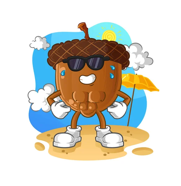 Acorn Head Cartoon Sunbathing Summer Character Vector — Stockový vektor