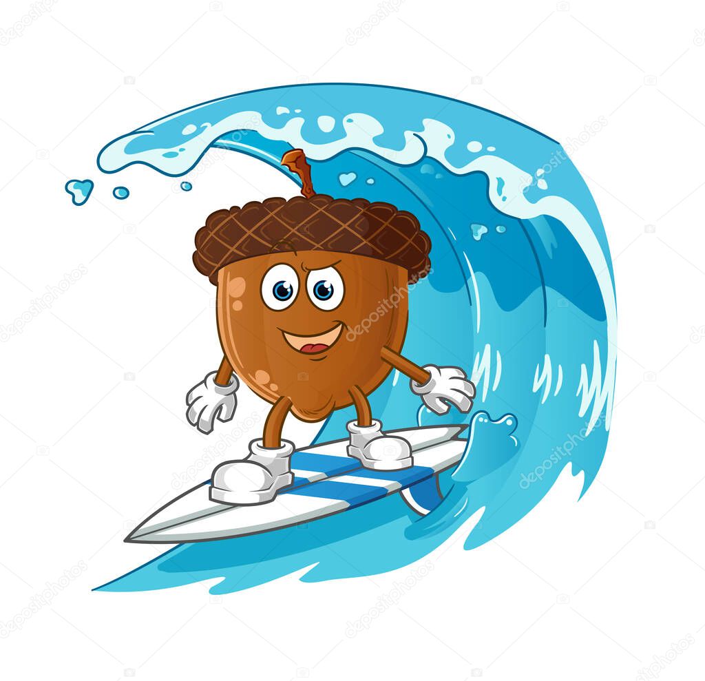 acorn head cartoon surfing character. cartoon mascot vector