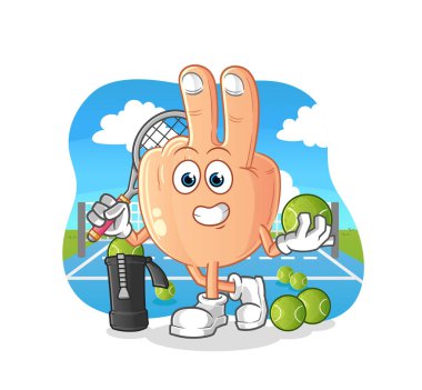 peace finger head cartoon plays tennis illustration. character vector