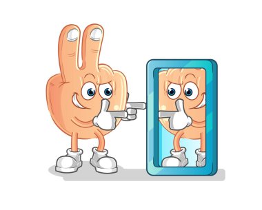 peace finger head cartoon looking into mirror. cartoon mascot vector