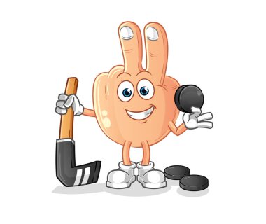 peace finger head cartoon playing hockey vector. cartoon character