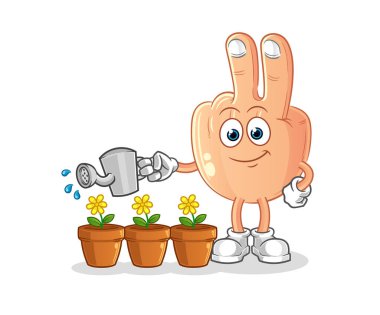 peace finger head cartoon watering the flowers mascot. cartoon vector