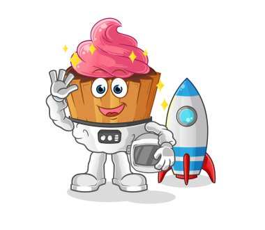 cupcake astronaut waving character. cartoon mascot vector