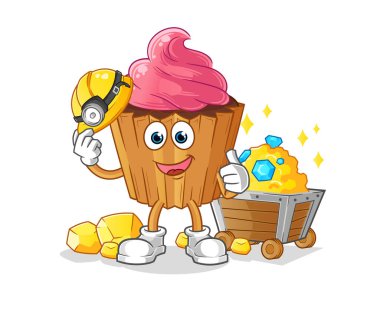 cupcake miner with gold character. cartoon mascot vector