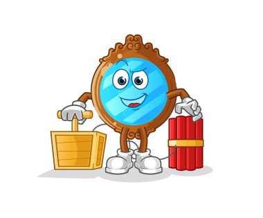 mirror holding dynamite detonator. cartoon mascot vector