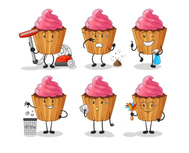 cupcake cleaning group character. cartoon mascot vector