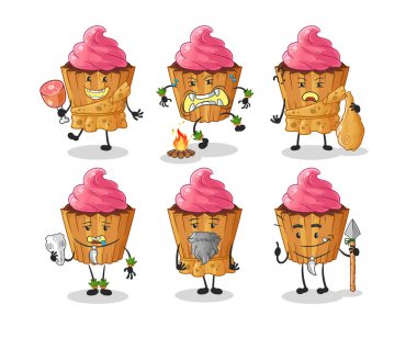 cupcake primitive man group character. mascot vector