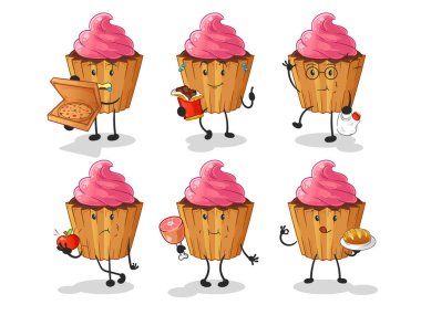 cupcake food set character. cartoon mascot vector