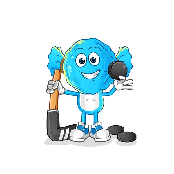 Candy Head Cartoon Playing Hockey Vector Cartoon Character — Vetor de Stock