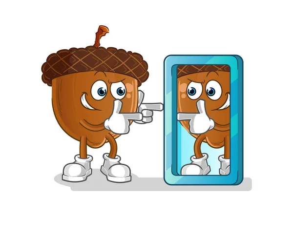 Acorn Head Cartoon Looking Mirror Cartoon Mascot Vector — Stok Vektör