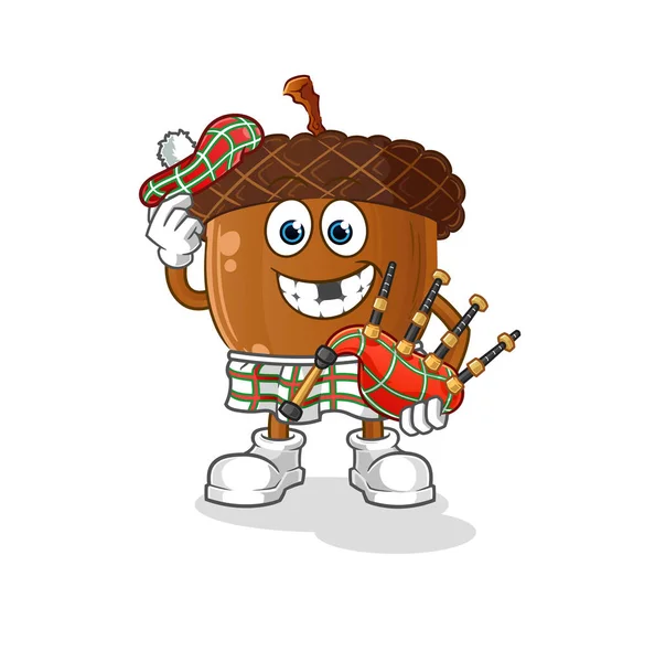 Acorn Head Cartoon Scottish Bagpipes Vector Cartoon Character — Wektor stockowy