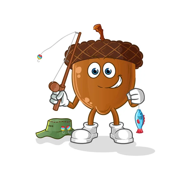 Acorn Head Cartoon Fisherman Illustration Character Vector — ストックベクタ