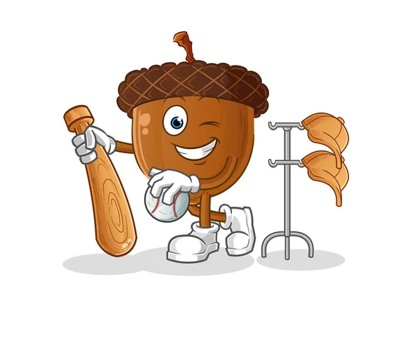 Acorn Head Cartoon Playing Baseball Mascot Cartoon Vector — Vetor de Stock