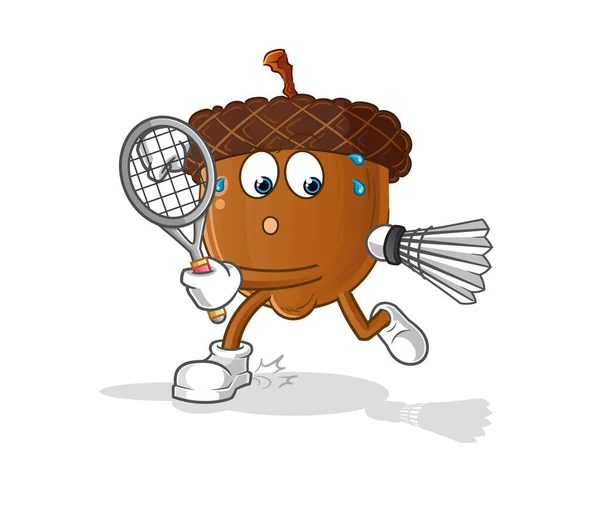 Acorn Head Cartoon Playing Badminton Illustration Character Vector — Vettoriale Stock