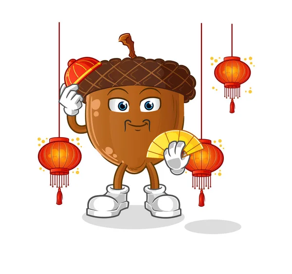 Acorn Head Cartoon Chinese Lanterns Illustration Character Vector — Wektor stockowy