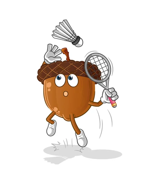 Acorn Head Cartoon Smash Badminton Cartoon Mascot Vector — Stok Vektör