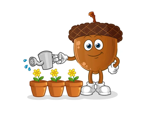 Acorn Head Cartoon Watering Flowers Mascot Cartoon Vector — Stok Vektör