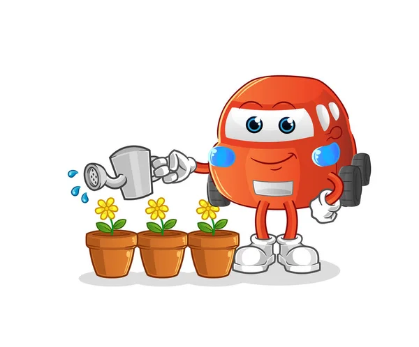 Car Watering Flowers Mascot Cartoon Vector — Vetor de Stock