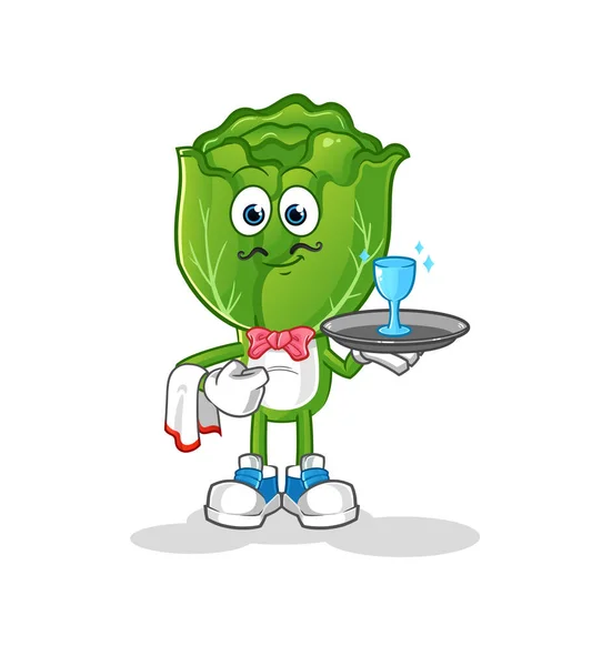 Cabbage Head Cartoon Waiter Cartoon Mascot Vector — Stockvector