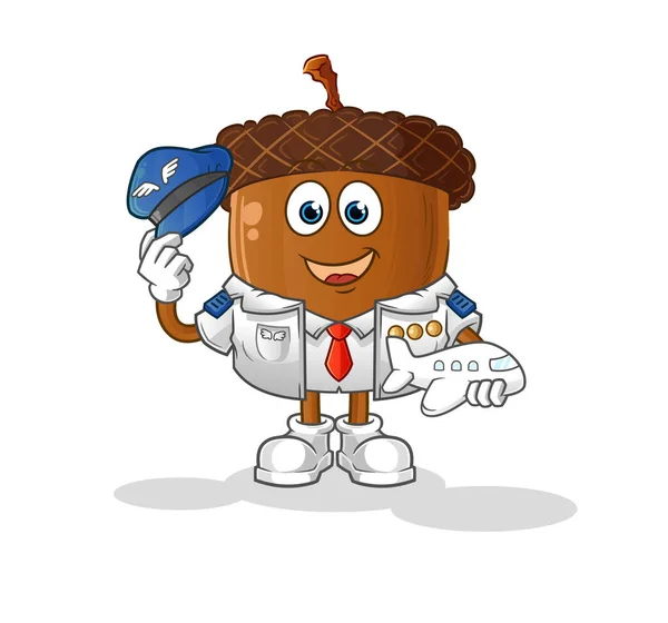 Acorn Head Cartoon Pilot Mascot Cartoon Vector — Stockvektor