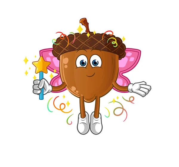 Acorn Head Cartoon Fairy Wings Stick Cartoon Vector — ストックベクタ