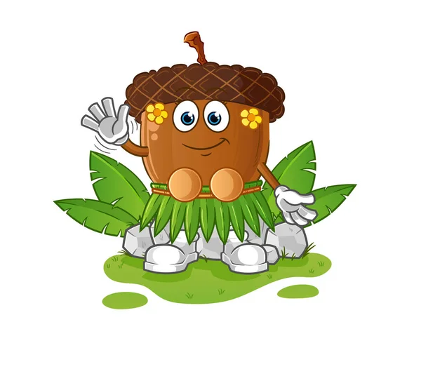 Acorn Head Cartoon Hawaiian Waving Character Cartoon Vector — Vettoriale Stock