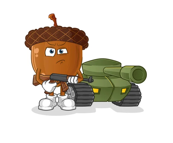 Acorn Head Cartoon Soldier Tank Character Cartoon Vector — ストックベクタ
