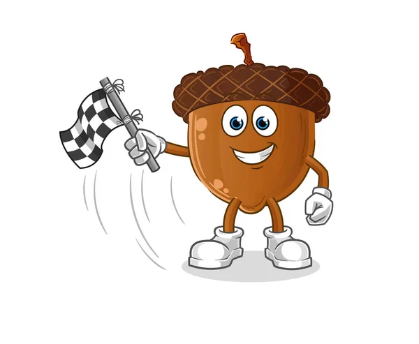 Acorn Head Cartoon Hold Finish Flag Cartoon Mascot Vector — Vetor de Stock