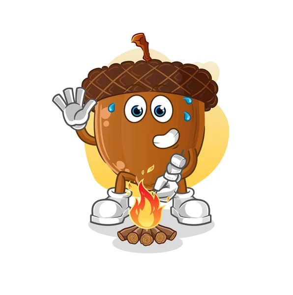 Acorn Head Cartoon Roasting Marshmallows Cartoon Vector — ストックベクタ