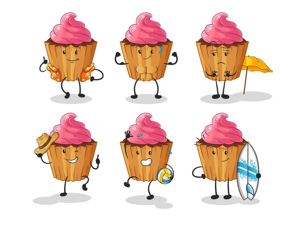 Cupcake Beach Vacation Set Character Cartoon Mascot Vector — ストックベクタ