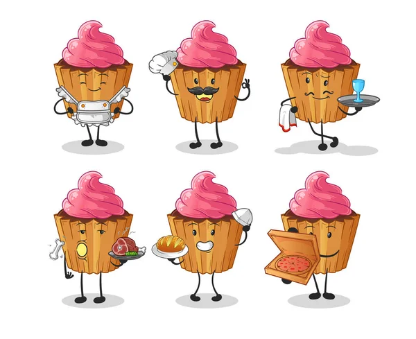 Cupcake Restaurant Group Character Cartoon Mascot Vector — ストックベクタ