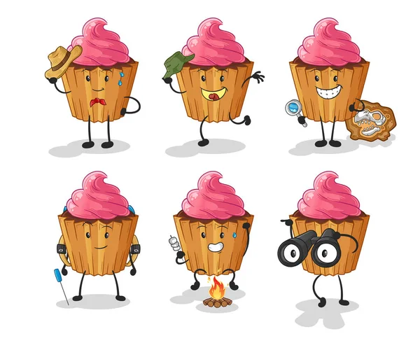 Cupcake Avontuur Groep Karakter Tekenfilm Mascotte Vector — Stockvector