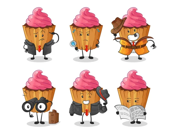 Cupcake Detective Group Character Cartoon Mascot Vector — Vettoriale Stock