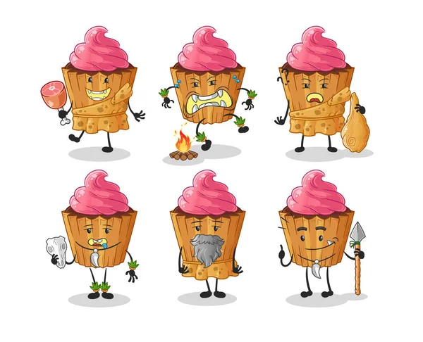 Cupcake Primitive Man Group Character Mascot Vector — Stock Vector