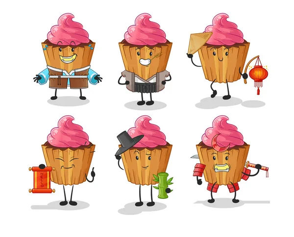 Cupcake Asian Culture Set Cartoon Mascot Vector — Vector de stock